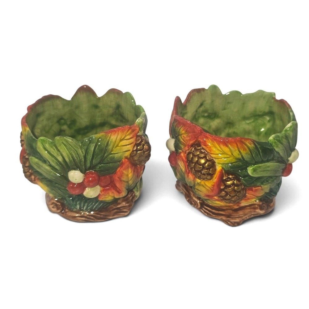 Fitz and Floyd Home Fragrance Ceramic Autumn Leaf Pinecone Votive Holders Set 2
